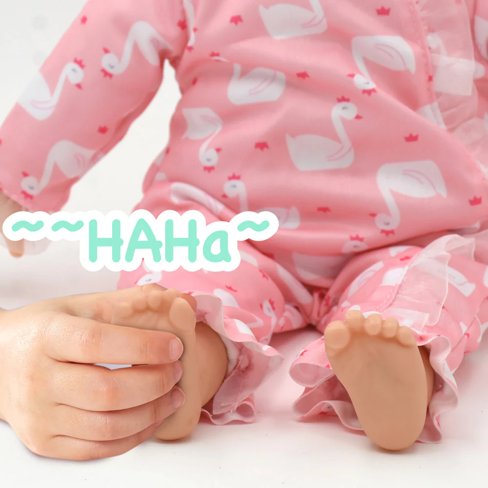 Little Darlings 14-inch Kiss N Tickles Baby Doll - Pink Swan Onesie - Image 3