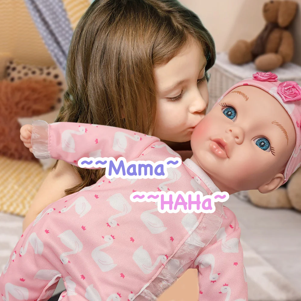 Little Darlings 14-inch Kiss N Tickles Baby Doll - Pink Swan Onesie - Image 6