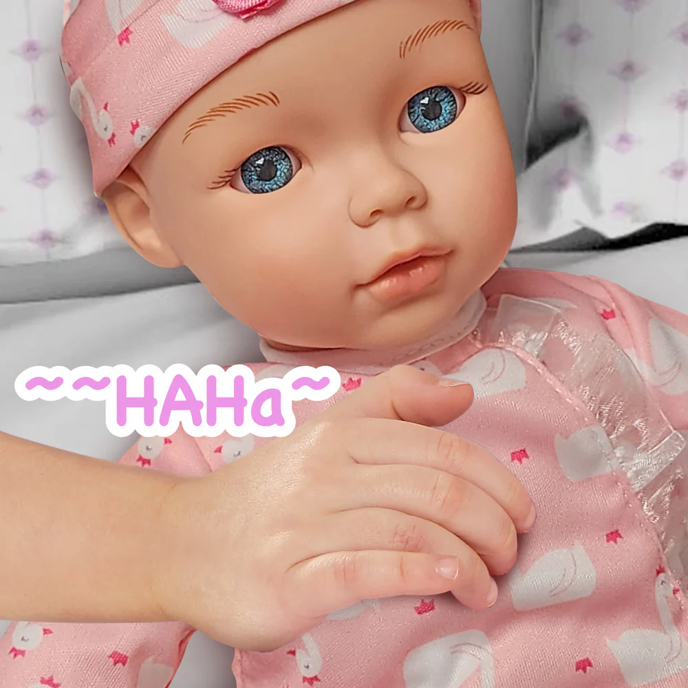 Little Darlings 14-inch Kiss N Tickles Baby Doll - Pink Swan Onesie - Image 8