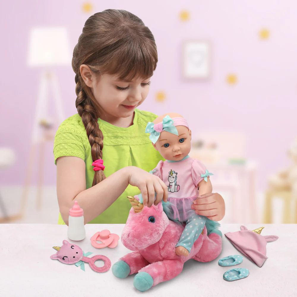 Little Darlings 15-Inch Unicorn Dream Baby Doll Set with Plush Companion - Image 4