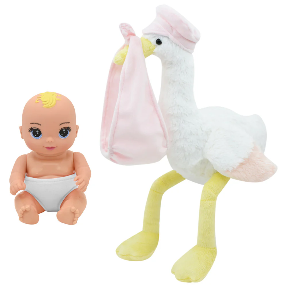 Magic Nursery 8-inch Special Delivery Set - Posable Newborn Baby Doll with Plush Stork, Pink - Image 5
