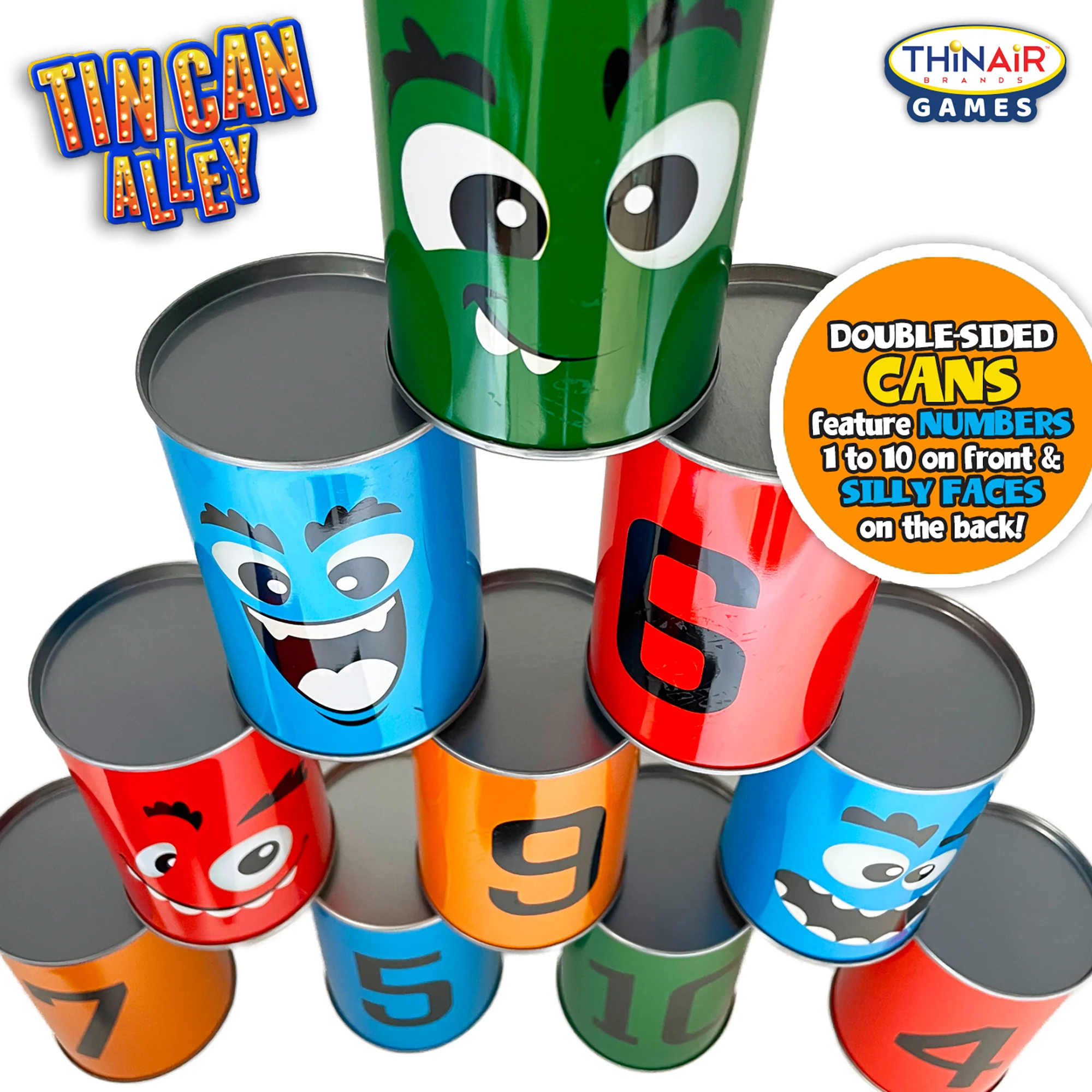 Thin Air Games Tin Can Alley Bean Bag Toss - Carnival Game Set with 10 Emoji Cans and 3 Bags - Image 3