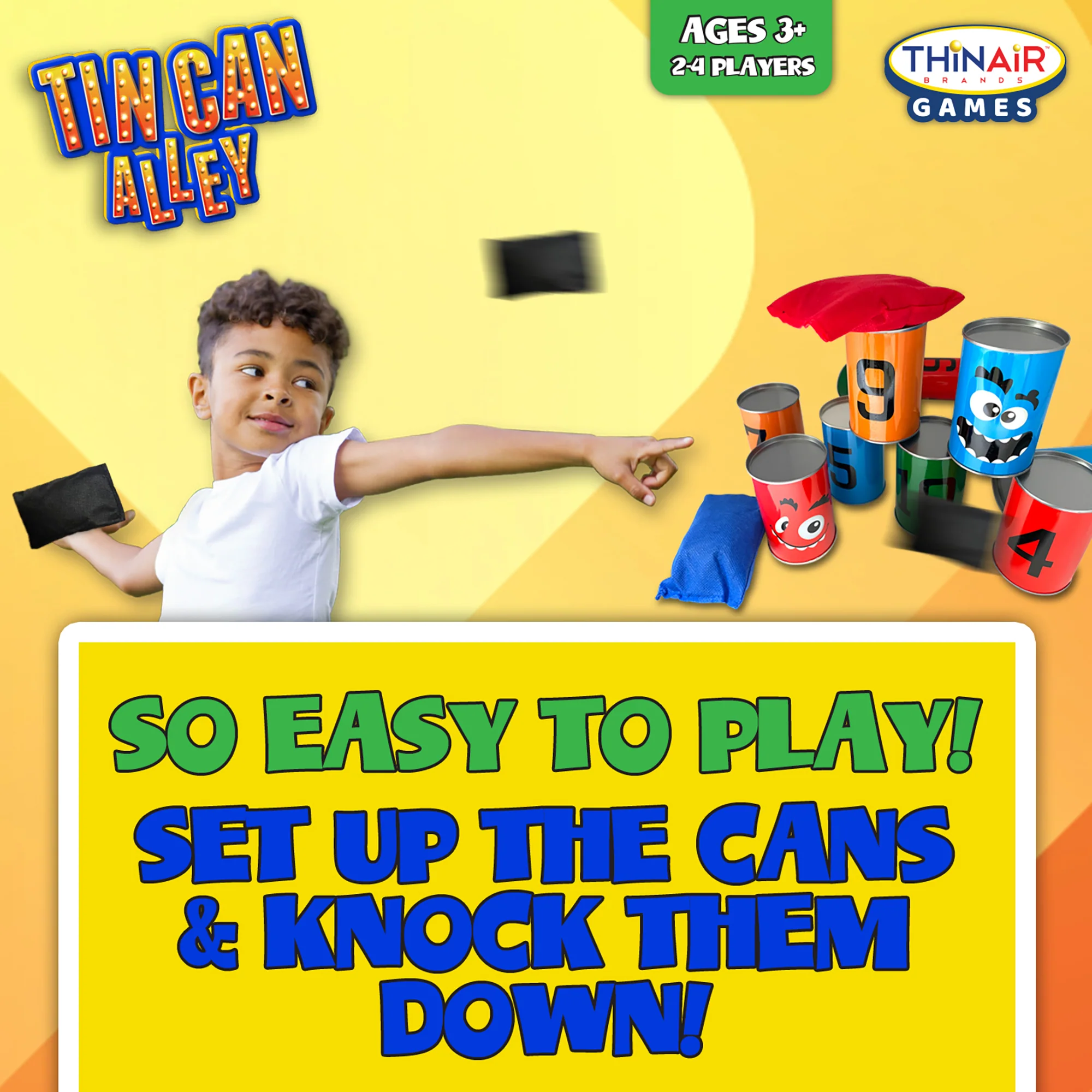 Thin Air Games Tin Can Alley Bean Bag Toss - Carnival Game Set with 10 Emoji Cans and 3 Bags - Image 4